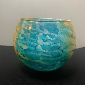 Round Glass Art Fishbowl Style Aqua Yellow Tan w/ Brown Highlights Vibrant Deco